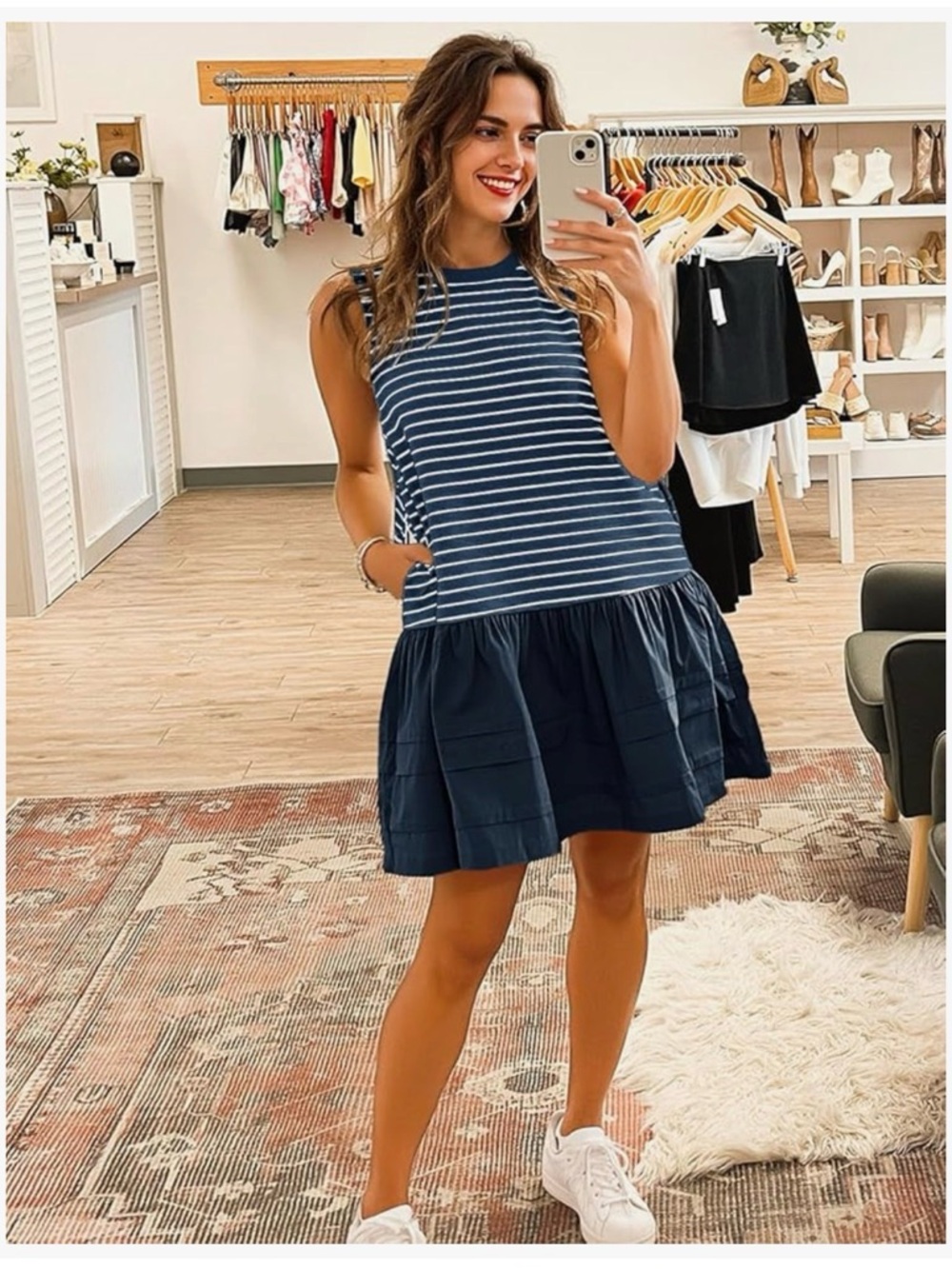Merokeety Striped Tank Dress with Tiered Ruffle Hem Blue NWT Casual Summer